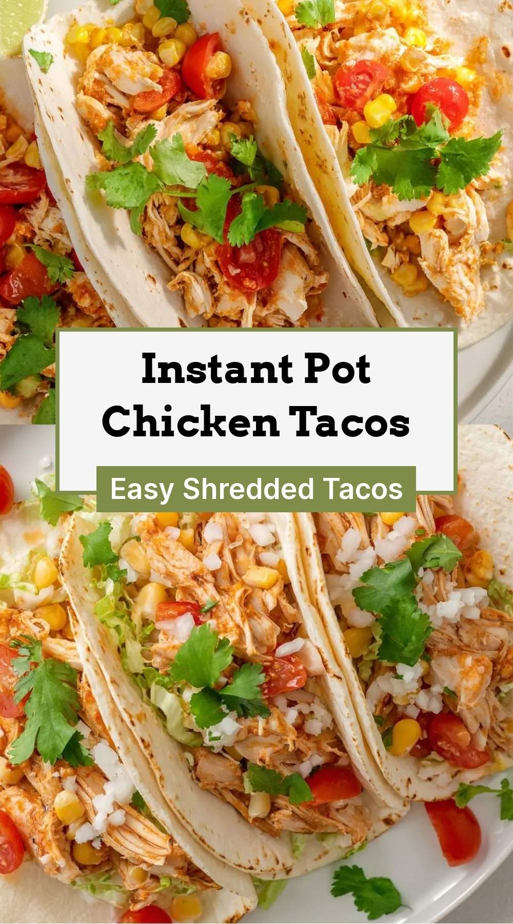 finished Instant Pot chicken tacos on a plate with cilantro and lime