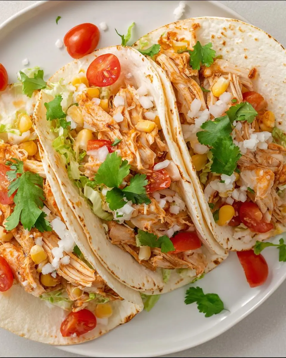 Three Instant Pot Chicken Tacos on a white plate topped with cilantro, tomatoes, corn, and onions.