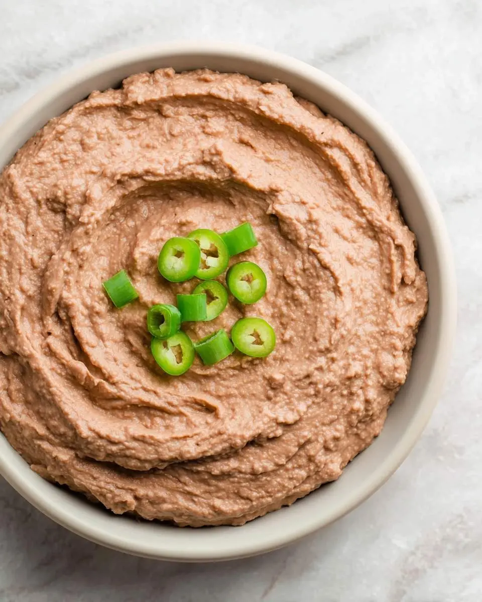 Creamy Instant Pot Refried Beans in a white bowl topped with fresh sliced jalapenos.