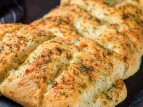 Freshly baked Italian Herb and Cheese Bread with golden crust and melted cheese on a slate serving board.