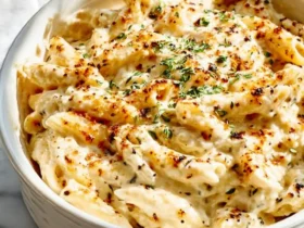 Creamy Italian Style Mac And Cheese in a white bowl, topped with golden breadcrumbs and fresh herbs.