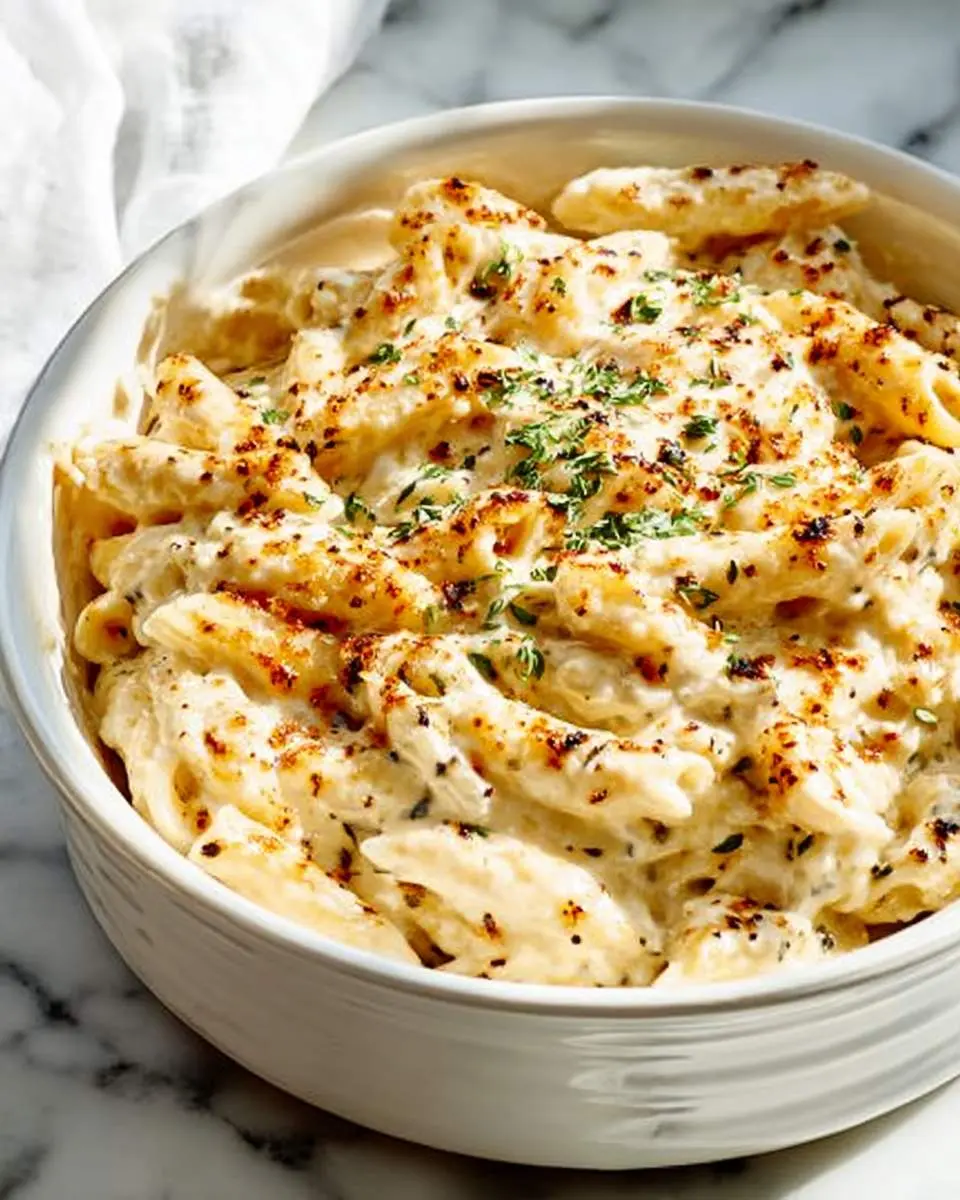 Creamy Italian Style Mac And Cheese in a white bowl, topped with golden breadcrumbs and fresh herbs.