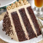 A slice of Kahlua Coffee Chocolate Layer Cake with three dark chocolate layers, coffee frosting, and chocolate chip decoration on a white plate.