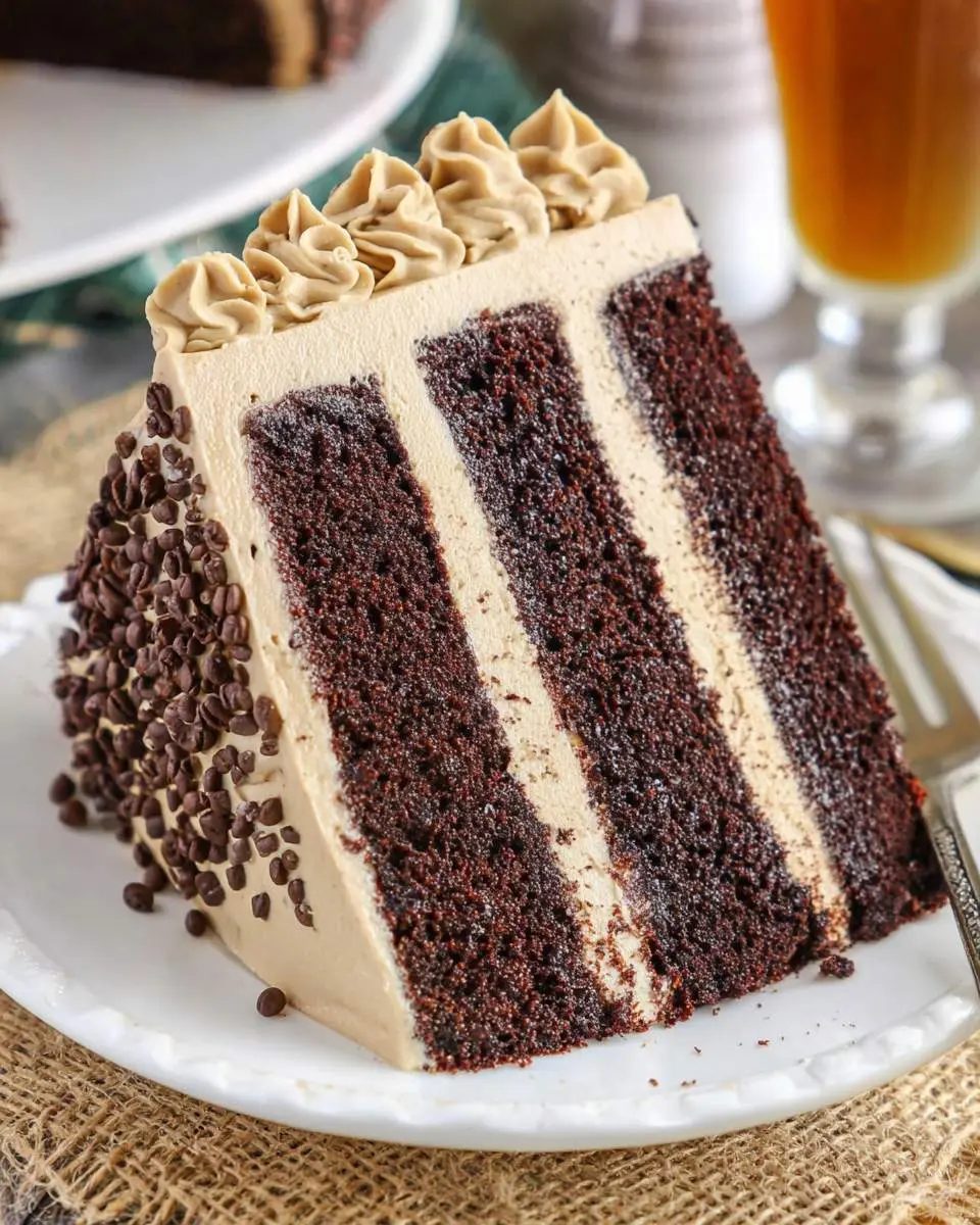 A slice of Kahlua Coffee Chocolate Layer Cake with three dark chocolate layers, coffee frosting, and chocolate chip decoration on a white plate.