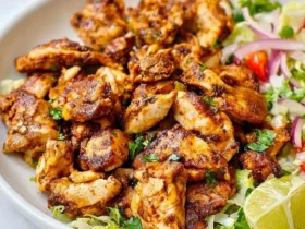 A white bowl filled with seasoned Keto Chipotle Chicken served over fresh lettuce with lime wedges and vegetables.