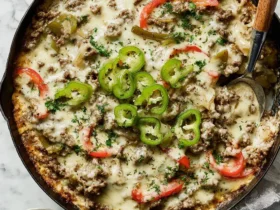 Keto Philly Cheesesteak Casserole in a cast iron skillet topped with melted cheese, ground beef, and sliced peppers.