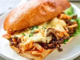 A Kimchi Bulgogi Cheesesteak sandwich on a toasted roll with melted cheese, caramelized onions, and kimchi on a white plate.