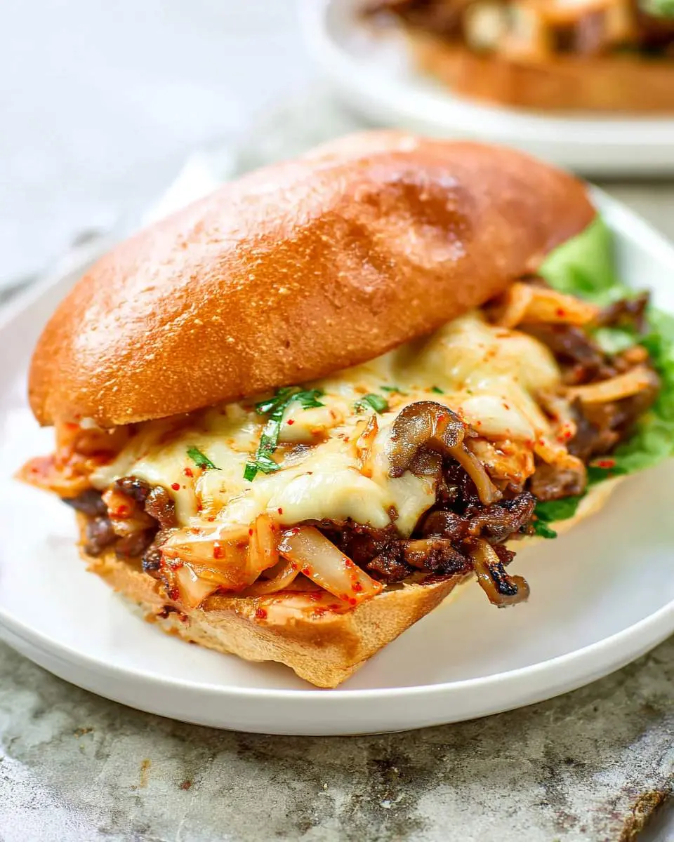 A Kimchi Bulgogi Cheesesteak sandwich on a toasted roll with melted cheese, caramelized onions, and kimchi on a white plate.
