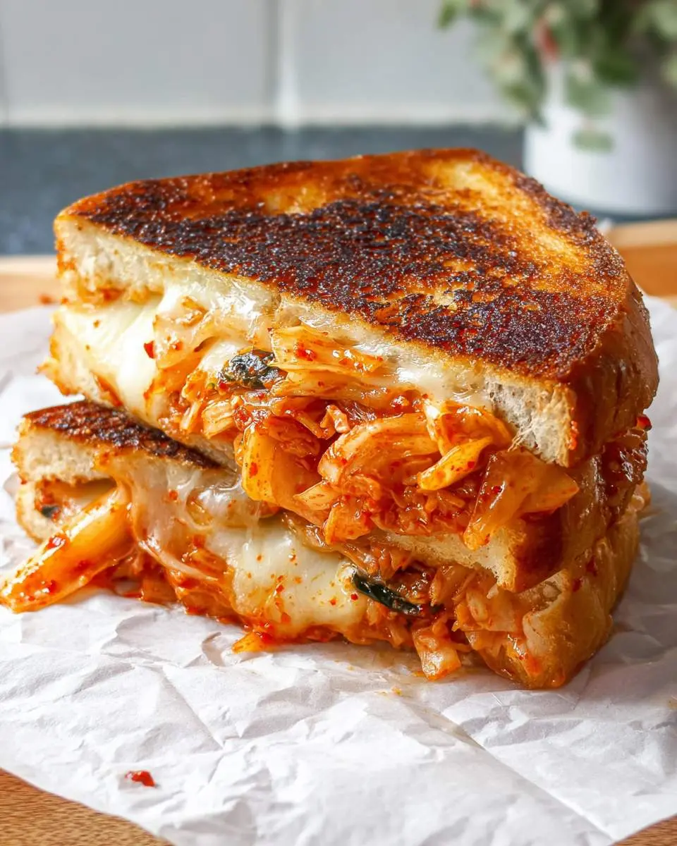 A crispy, golden-brown kimchi grilled cheese sandwich stacked in halves, revealing melted cheese and spicy fermented cabbage filling.