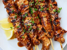 Korean BBQ Chicken Skewers 50 Grilled Korean BBQ Chicken Skewers on a white plate garnished with sesame seeds, herbs, and lemon wedges.