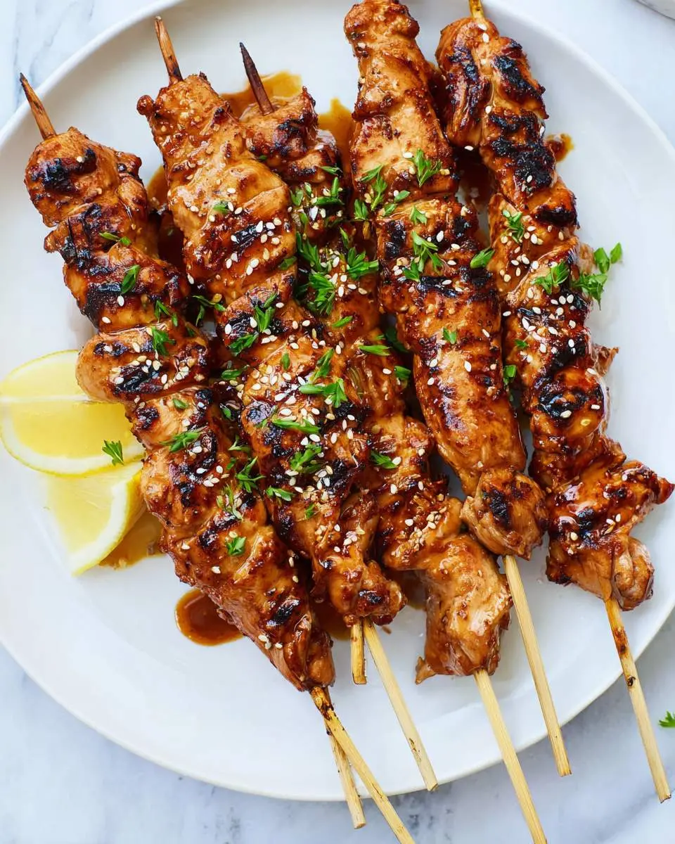 Grilled Korean BBQ Chicken Skewers on a white plate garnished with sesame seeds, herbs, and lemon wedges.