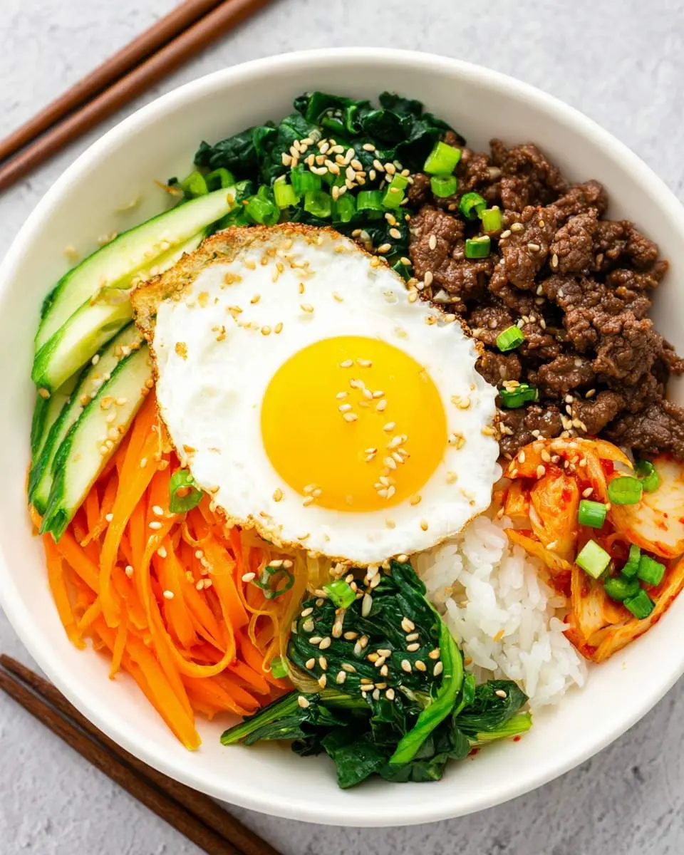 Korean Bibimbap Beef Bowl ingredients and preparation