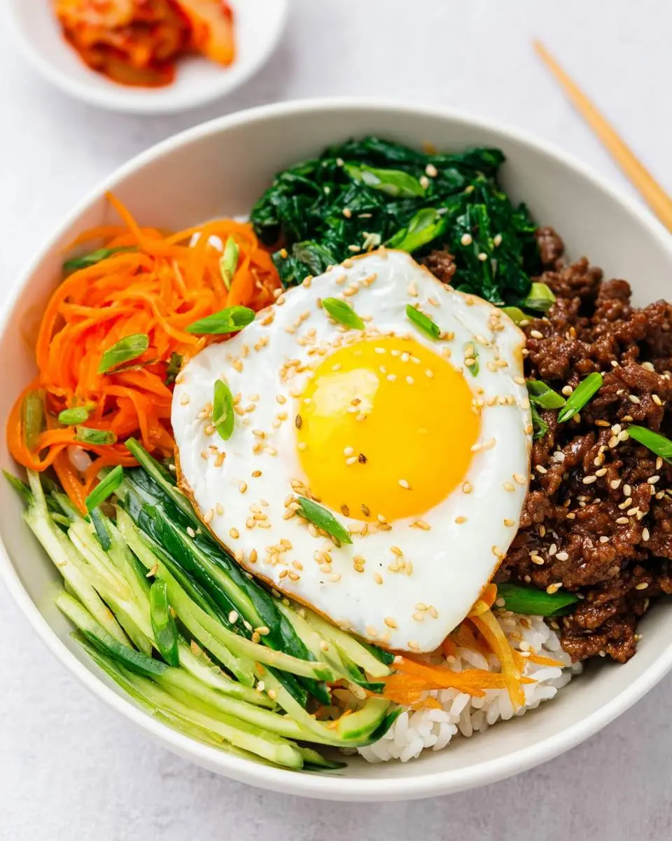 Korean Bibimbap Beef Bowl with rice, seasoned beef, vegetables, and a fried egg topped with sesame seeds.