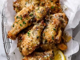 Crispy Lemon Parmesan Chicken Wings garnished with herbs and cheese, served in a wire basket with fresh lemon wedges.