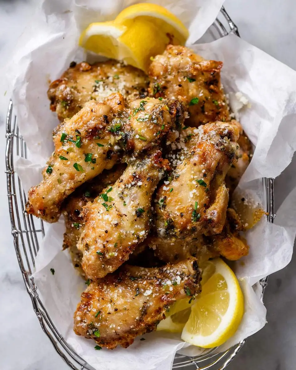 Lemon Parmesan Chicken Wings 28 Crispy Lemon Parmesan Chicken Wings garnished with herbs and cheese, served in a wire basket with fresh lemon wedges.