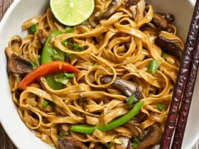 A white bowl filled with Lo Mein with Mushrooms and Bell Peppers, topped with a lime slice and chopsticks on the side.