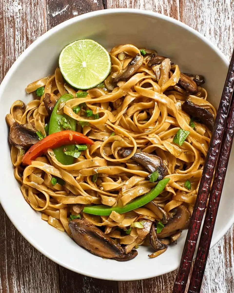 A white bowl filled with Lo Mein with Mushrooms and Bell Peppers, topped with a lime slice and chopsticks on the side.