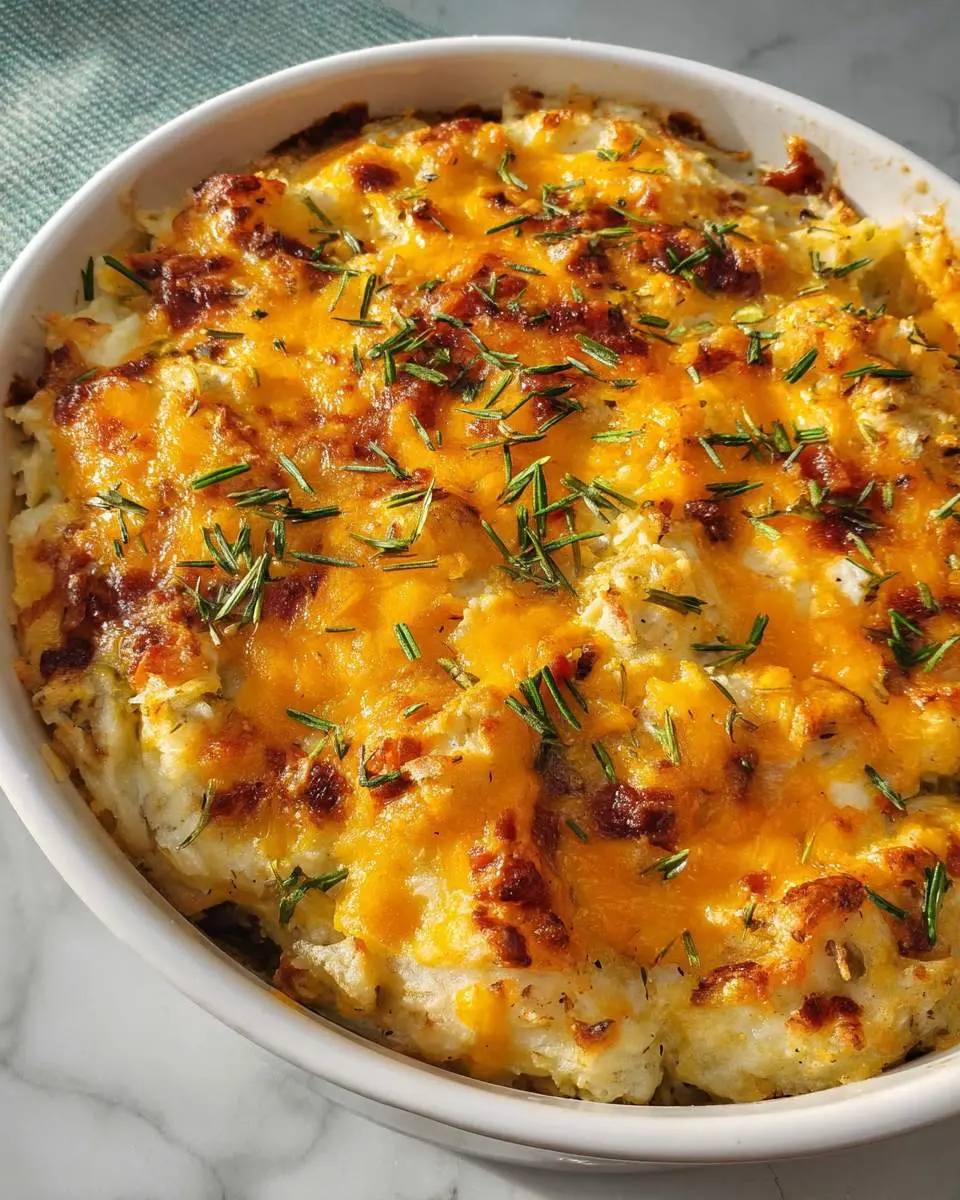 Golden brown Loaded Baked Potato Casserole topped with melted cheddar cheese, crispy bacon bits, and fresh rosemary in a white baking dish.