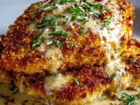 Two golden, crispy breaded chicken breasts topped with melted cheese, herbs, and bacon bits in a creamy sauce.