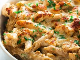 Louisiana Chicken Pasta Bake 44 Creamy Louisiana Chicken Pasta Bake in a white casserole dish topped with melted cheese and fresh herbs.