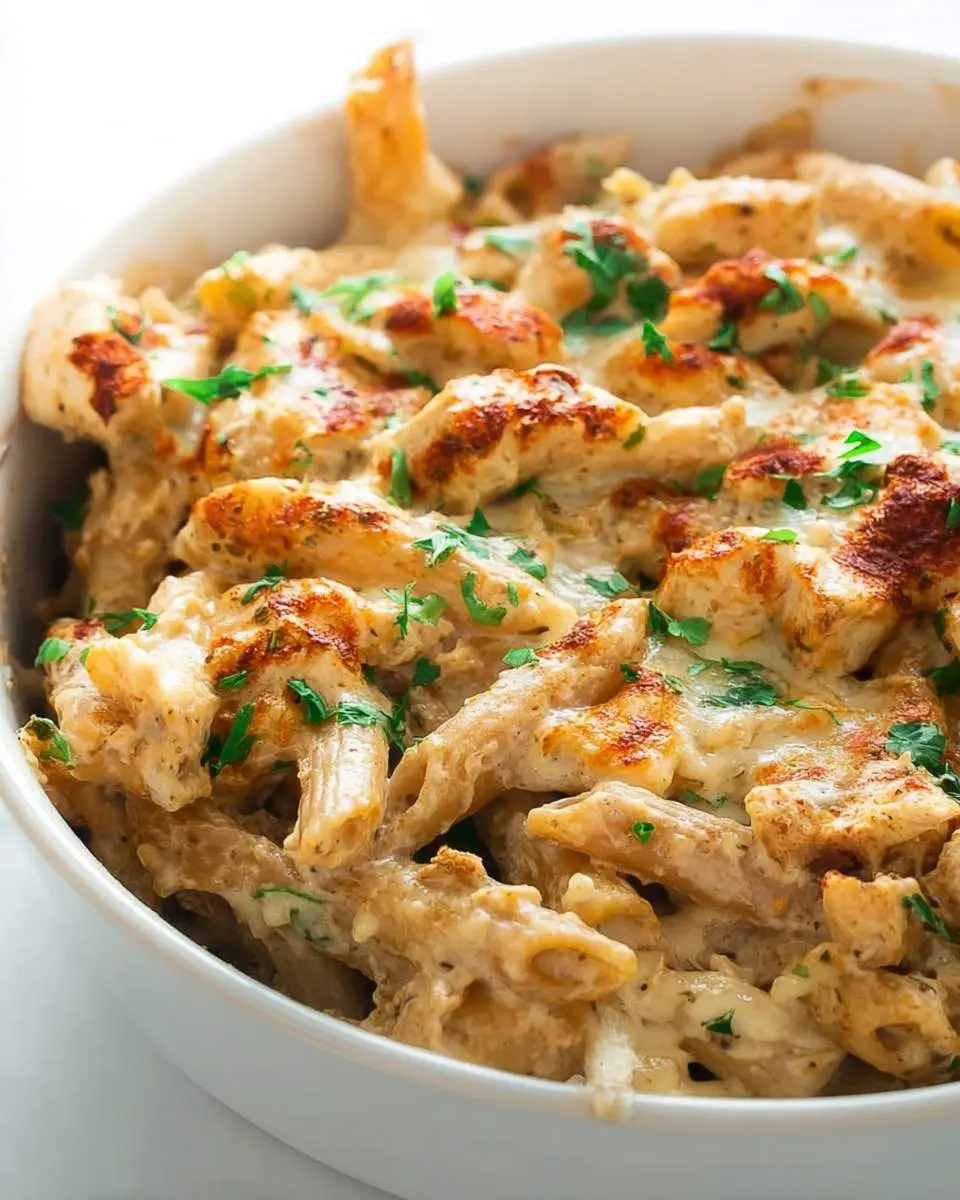 Creamy Louisiana Chicken Pasta Bake in a white casserole dish topped with melted cheese and fresh herbs.