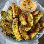 Golden crispy Low Carb Air Fryer Zucchini fries served with creamy dipping sauce in a glass bowl lined with parchment paper.