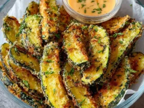 Golden crispy Low Carb Air Fryer Zucchini fries served with creamy dipping sauce in a glass bowl lined with parchment paper.