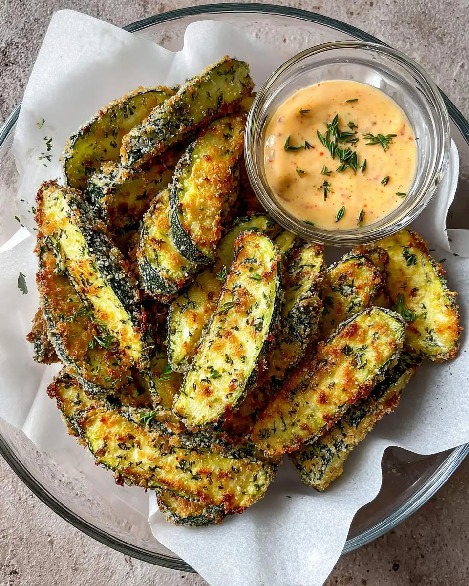 Golden brown zucchini coins arranged in air fryer basket after cooking