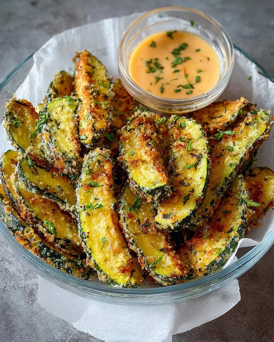 Golden crispy Low Carb Air Fryer Zucchini fries served with creamy dipping sauce in a glass bowl lined with parchment paper.