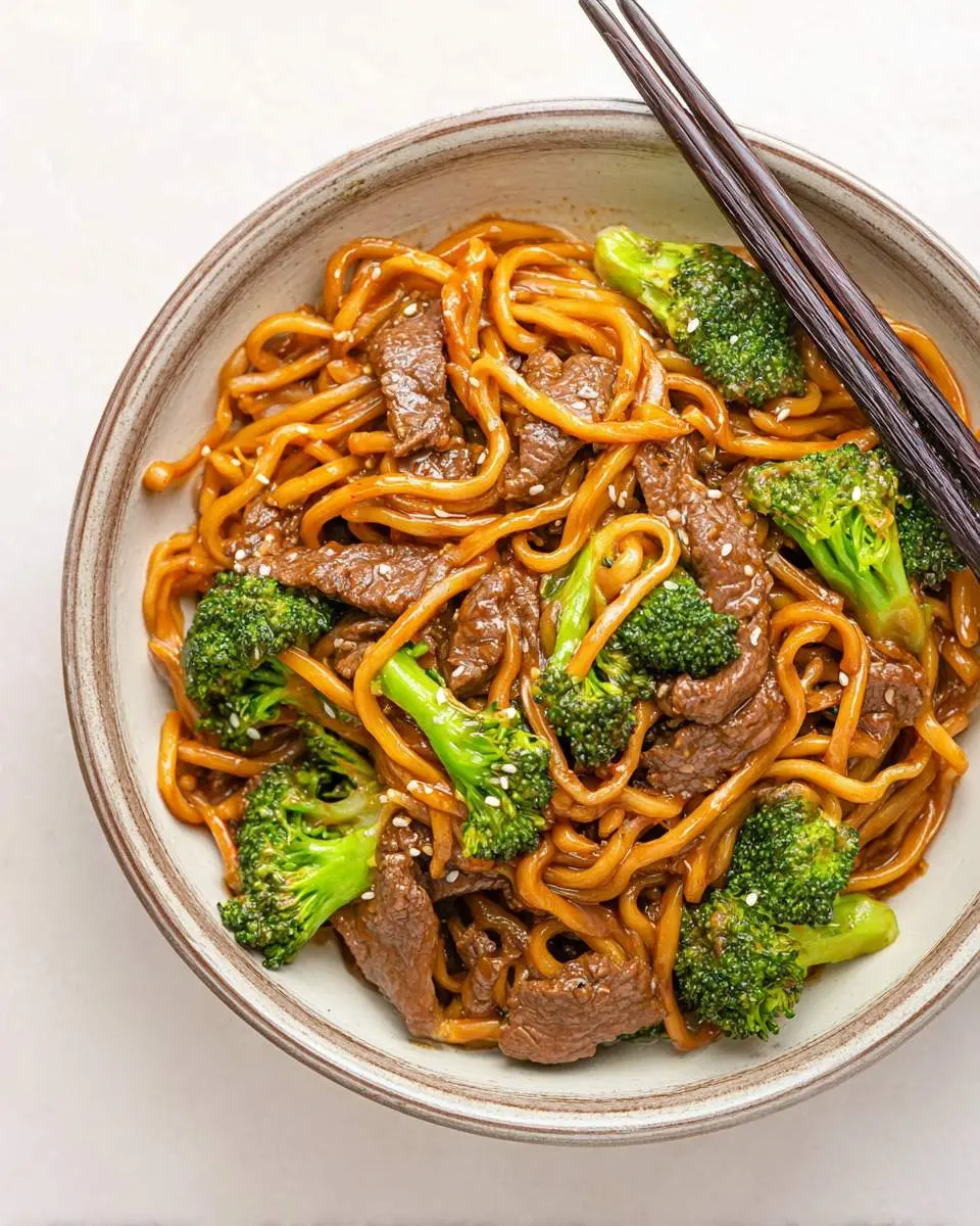 Low-Carb Beef & Broccoli Noodles served in a ceramic bowl with chopsticks, featuring tender beef strips and fresh broccoli.