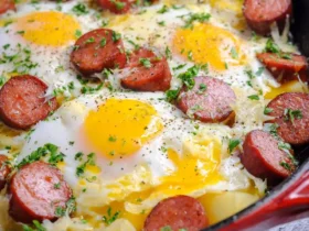 Low-Carb Breakfast Kielbasa and Eggs 36 Low-Carb Breakfast Kielbasa and Eggs served in a red cast iron skillet with runny yolks and fresh herbs.