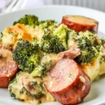Low Carb Broccoli and Smoked Sausage Casserole served on a white plate with creamy cheese sauce.