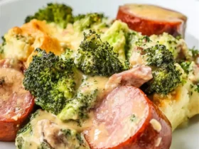 Low Carb Broccoli and Smoked Sausage Casserole 44 Low Carb Broccoli and Smoked Sausage Casserole served on a white plate with creamy cheese sauce.
