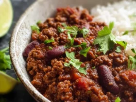 A bowl of Low Carb chilli con carne served with rice and garnished with fresh cilantro, with lime wedges on the side.