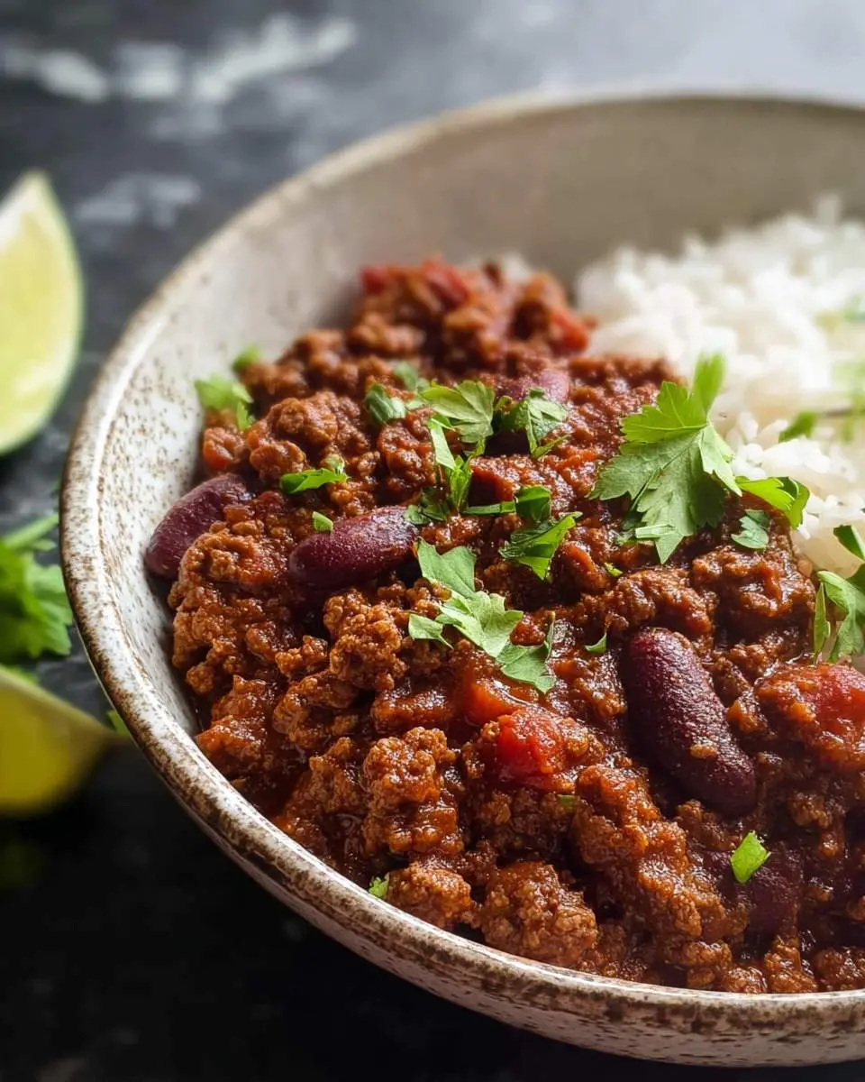 A bowl of Low Carb chilli con carne served with rice and garnished with fresh cilantro, with lime wedges on the side.