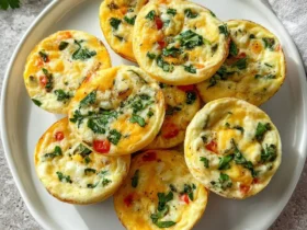 A white plate stacked with golden Low Carb Egg White Bites topped with fresh herbs and colorful vegetables.