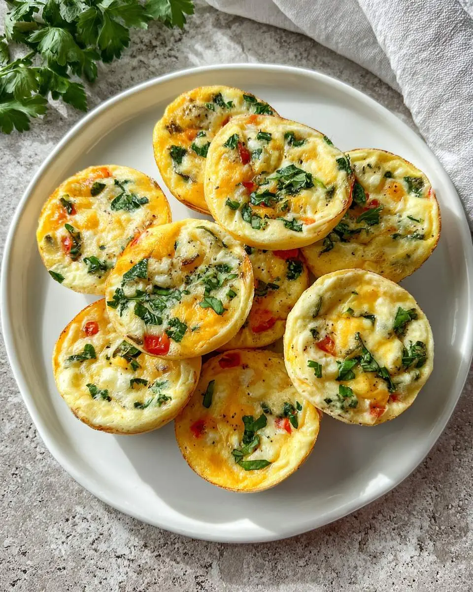 A white plate stacked with golden Low Carb Egg White Bites topped with fresh herbs and colorful vegetables.