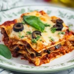 A slice of Low Carb Eggplant Lasagna topped with melted cheese, black olives, and fresh basil on a decorative plate.