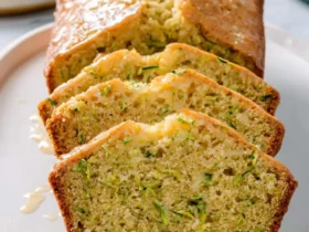 low carb Lemon Zucchini Bread 41 Sliced low carb Lemon Zucchini Bread on a white plate, showing moist green speckled interior with lemon glaze drizzle.