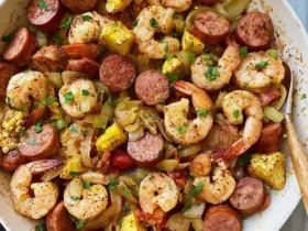 Low Carb Shrimp and Sausage Skillet 47 Low Carb Shrimp and Sausage Skillet with corn, onions, and bell peppers in a white pan.