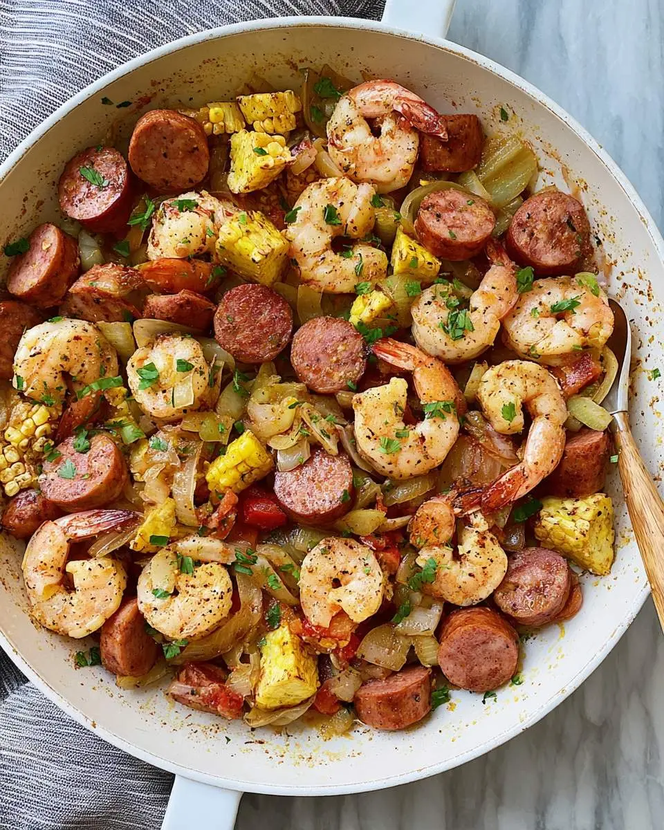 Low Carb Shrimp and Sausage Skillet with corn, onions, and bell peppers in a white pan.