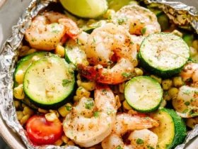 Low Carb Shrimp Foil Packets With Zucchini 44 Low Carb Shrimp Foil Packets With Zucchini served in a bowl with fresh lime, corn, and cherry tomatoes.