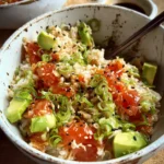 A low carb spicy tuna rice bowl topped with fresh avocado, green onions, sesame seeds, and roe in a rustic ceramic bowl.