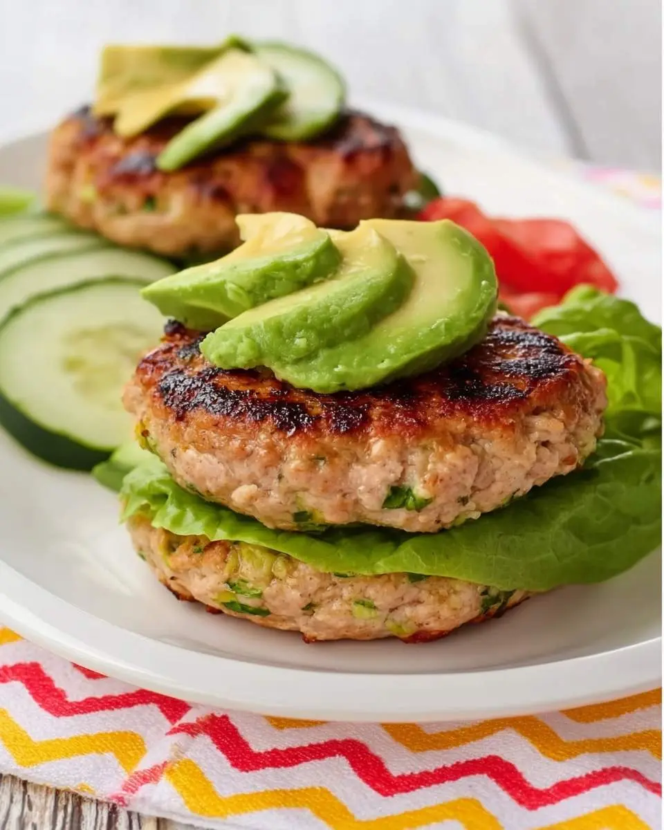 Low Carb Turkey and Zucchini Burgers 28 Low Carb Turkey and Zucchini Burgers stacked with lettuce and topped with fresh avocado slices on a white plate.