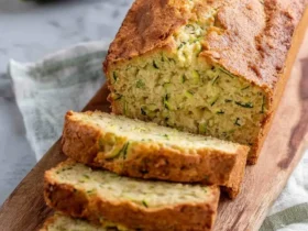 low carb zucchini bread 37 Sliced loaf of golden brown low carb zucchini bread on a wooden board with fresh zucchini in background.
