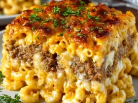 Mac and Cheese Meatloaf 44 A sliced Mac and Cheese Meatloaf on a white plate, showing layers of creamy macaroni and seasoned ground beef topped with melted cheese and herbs.