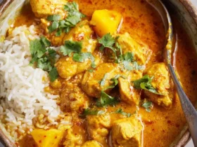 A bowl of creamy Mango Chicken Curry with tender chicken, mango chunks, and white rice, garnished with fresh cilantro.