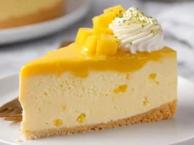 Mango Mousse Cake 53 A slice of Mango Mousse Cake topped with fresh mango chunks, whipped cream, and lime zest on a white plate.