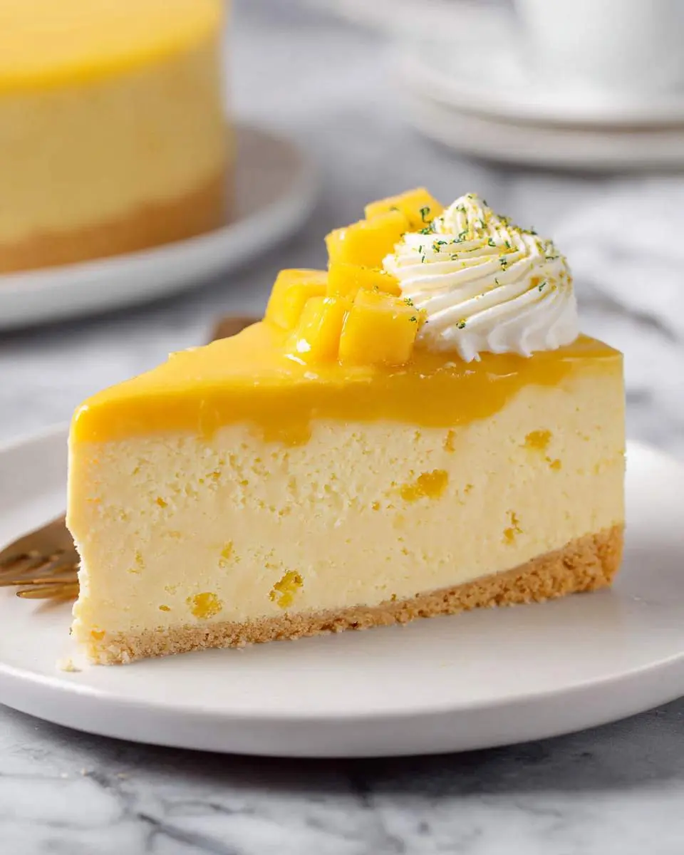 Mango Mousse Cake 28 A slice of Mango Mousse Cake topped with fresh mango chunks, whipped cream, and lime zest on a white plate.