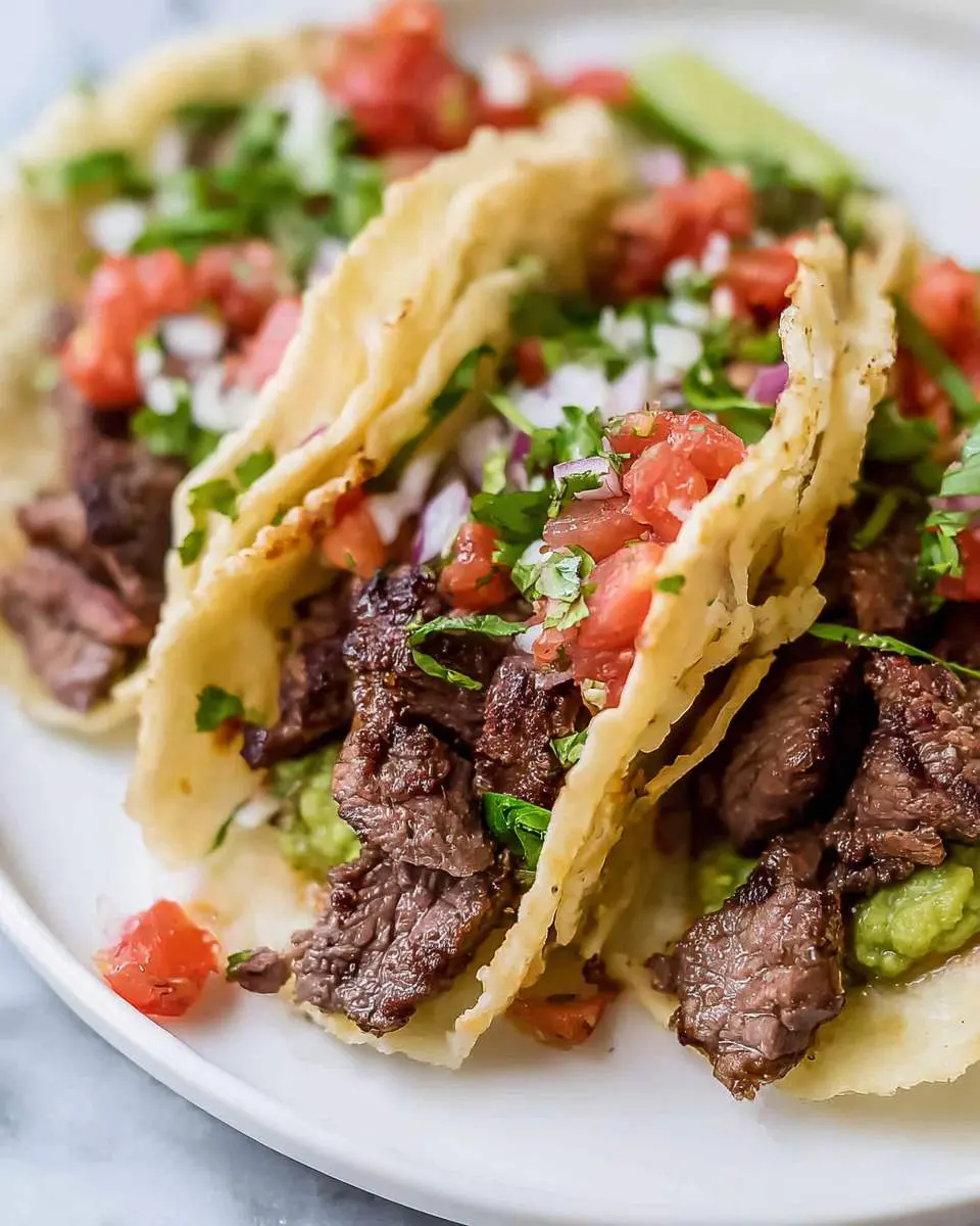 Three Mexican Steak Tacos on a white plate topped with fresh pico de gallo, cilantro, and guacamole on corn tortillas.